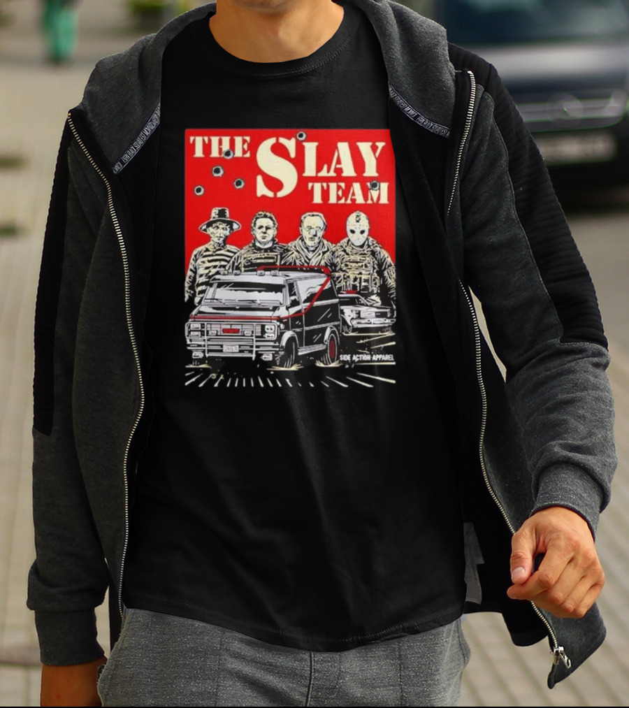 The Slay Team Horror Movies Characters Side Action T-Shirt