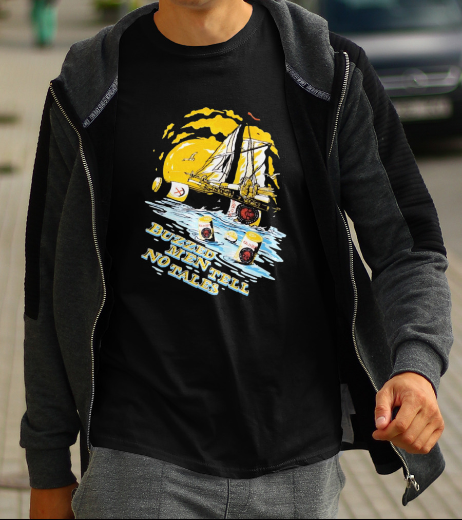 Buzzed Men Tell No Tales With Sailboat And Old Style Beer Can Waves T-Shirt