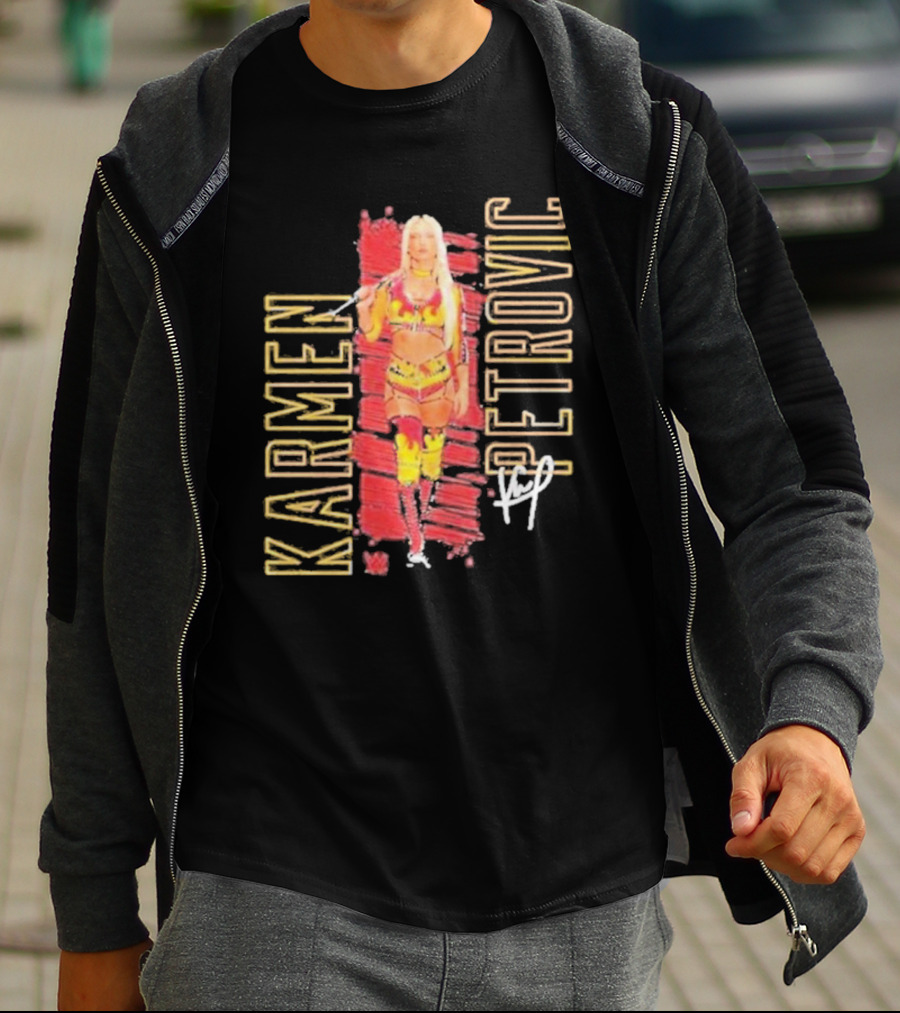 Karmen Petrovic Vertical Signature With Bold Red And Yellow Athlete T-Shirt