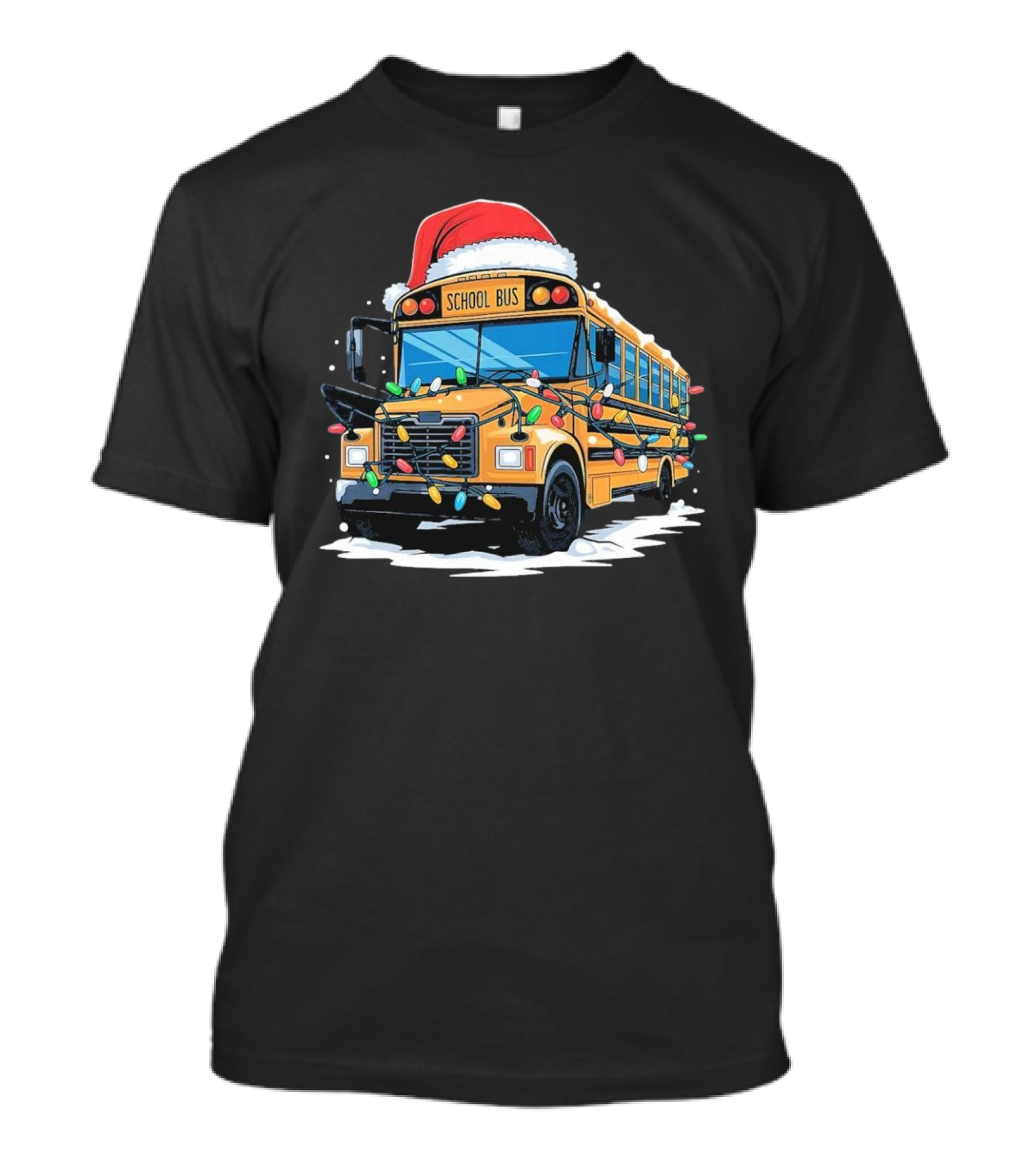 School Bus With Christmas Lights And Santa Hat Holiday Xmas T-Shirt