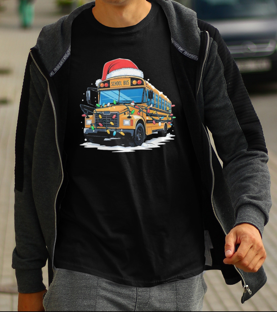 School Bus With Christmas Lights And Santa Hat Holiday Xmas T-Shirt