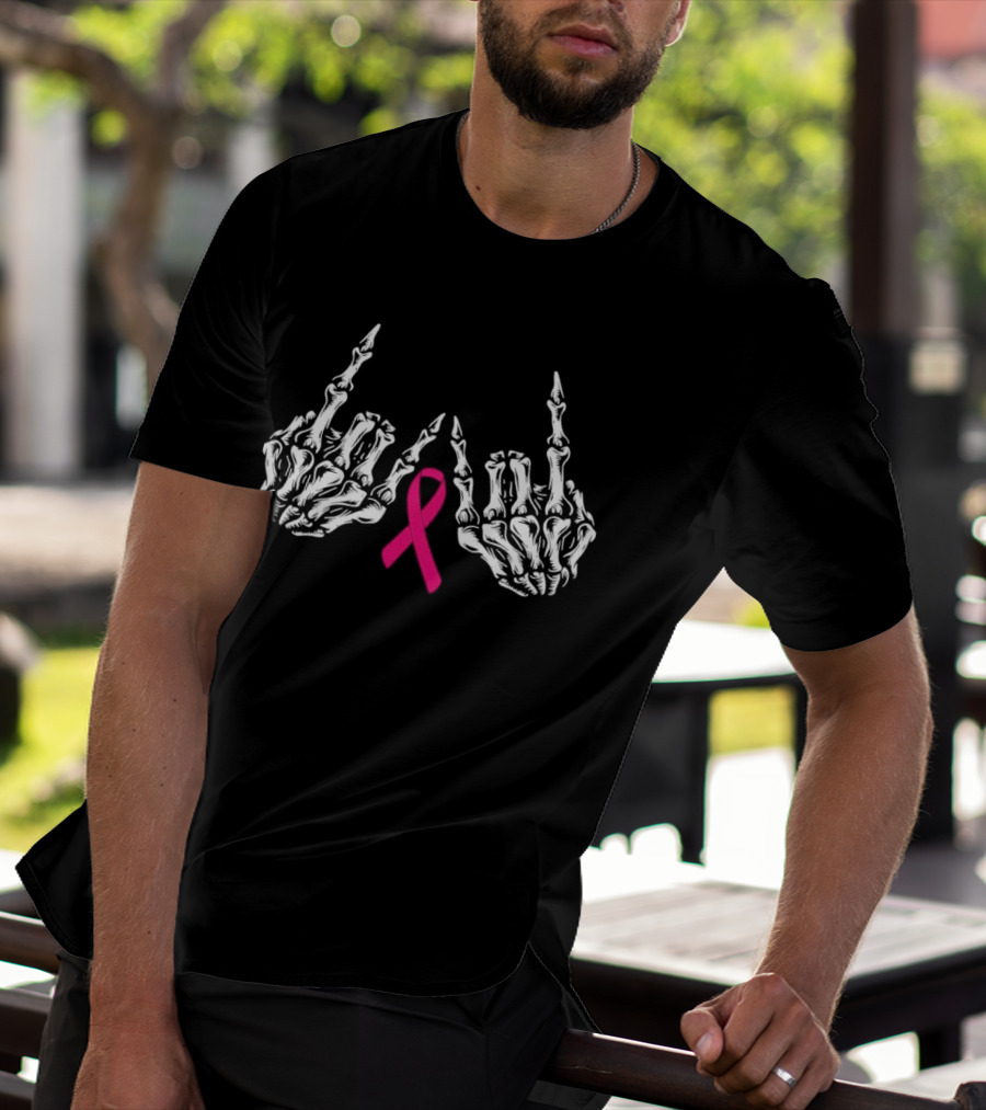 Skeleton Rock Hand Breast Cancer Awareness Pink T-Shirt