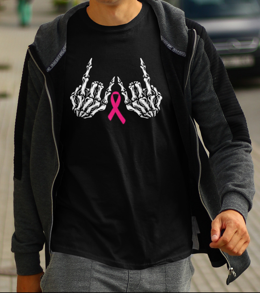 Skeleton Rock Hand Breast Cancer Awareness Pink T-Shirt
