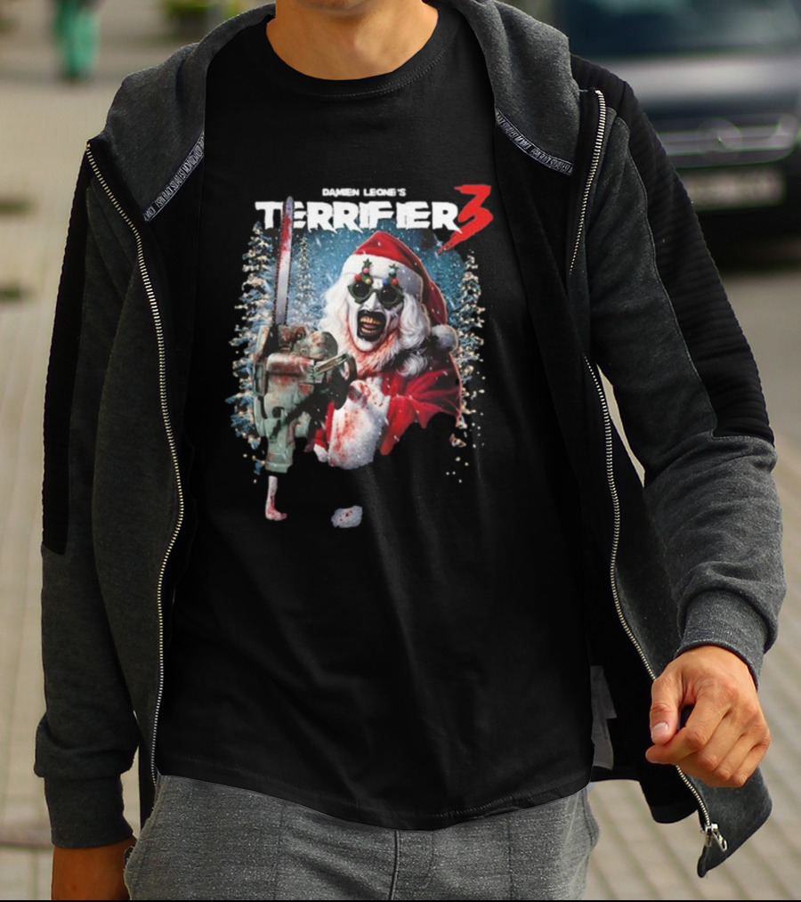 Damien Leone's Terrifier 3 Merry Mayhem Santa With Chainsaw T-Shirt