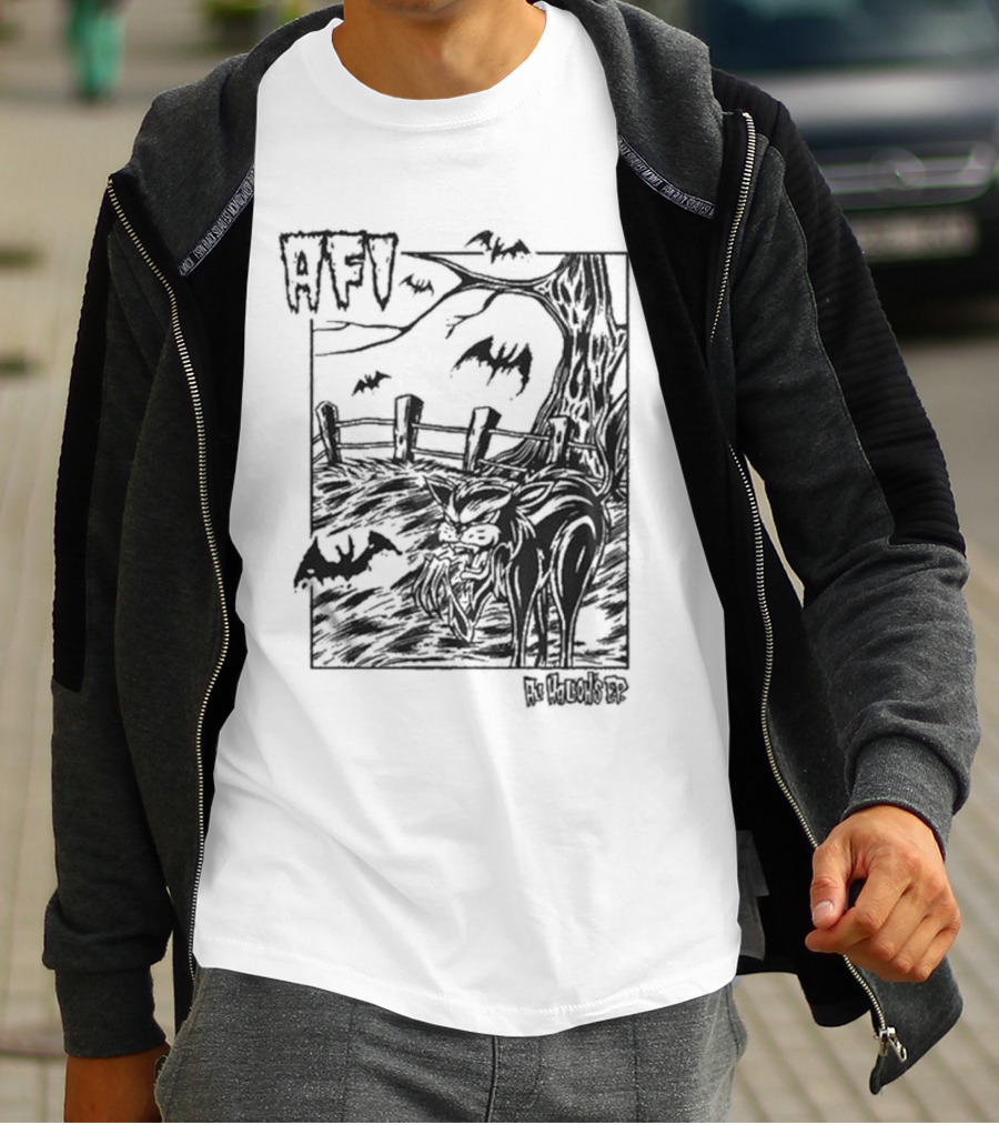 AFI All Hallow's Eve Bats And Black Cat In Haunted Scene T-Shirt