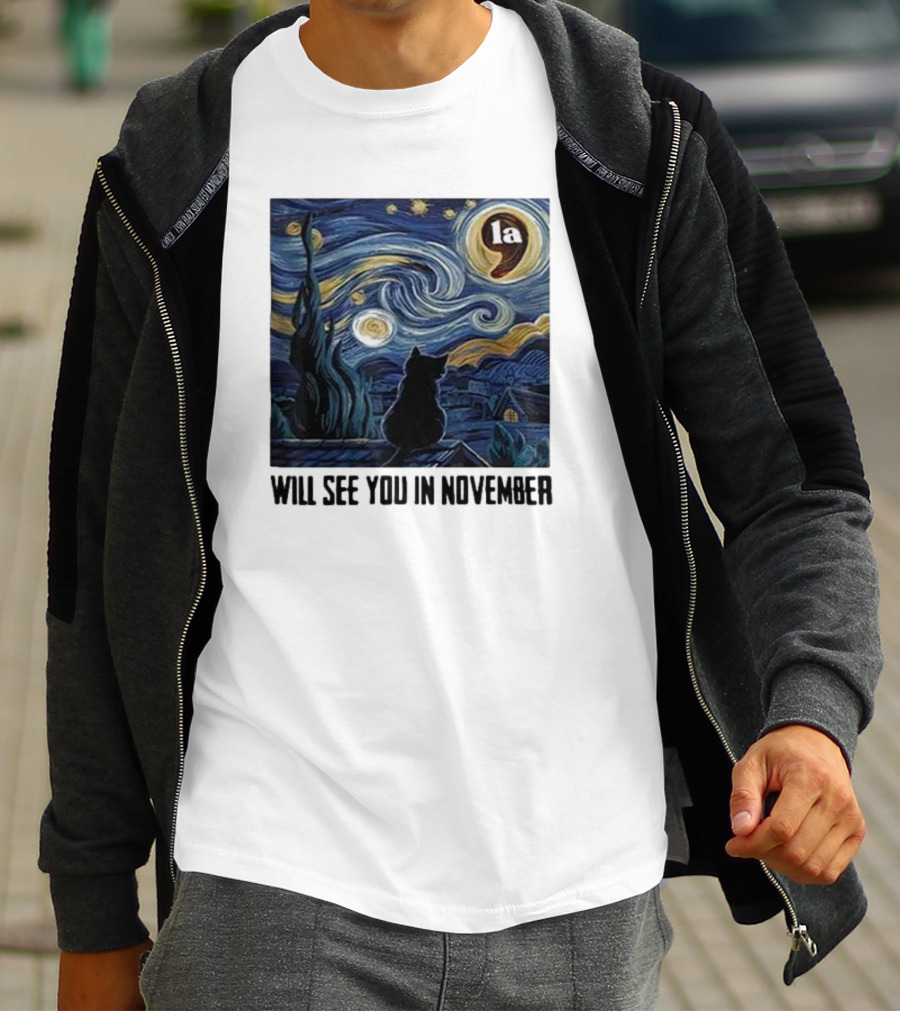 Black Cat LA Starry Night Will See You In November Van Gogh T-Shirt