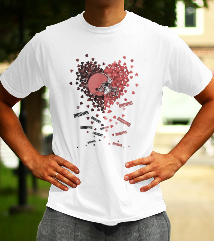 Cleveland Browns Helmet Heart Design With Red Hearts And Browns Text T-Shirt