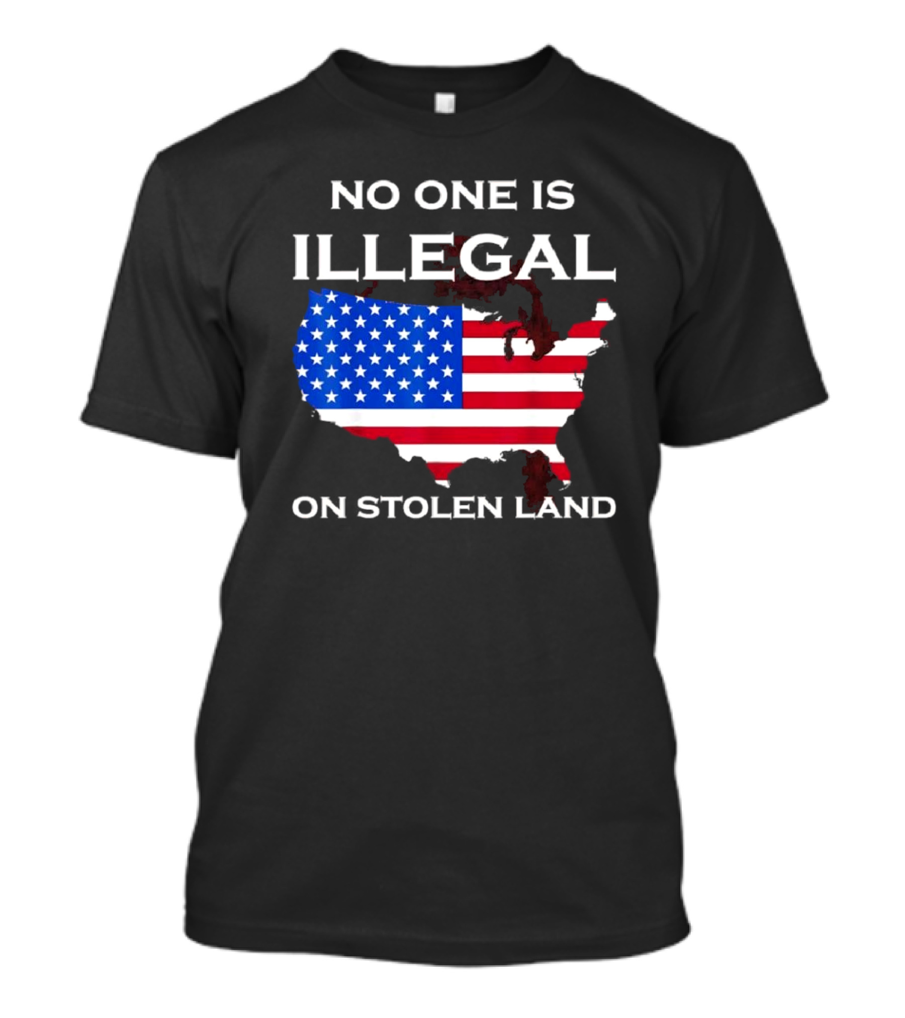 No One Is Illegal On Stolen Land America With United States Flag Map T-Shirt