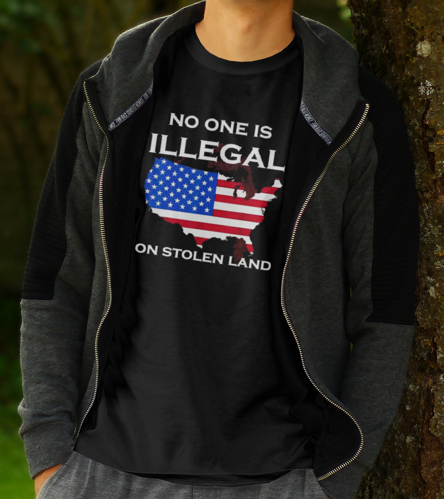 No One Is Illegal On Stolen Land America With United States Flag Map T-Shirt