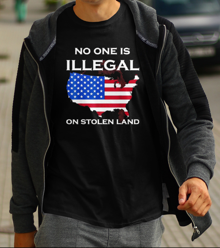 No One Is Illegal On Stolen Land America With United States Flag Map T-Shirt