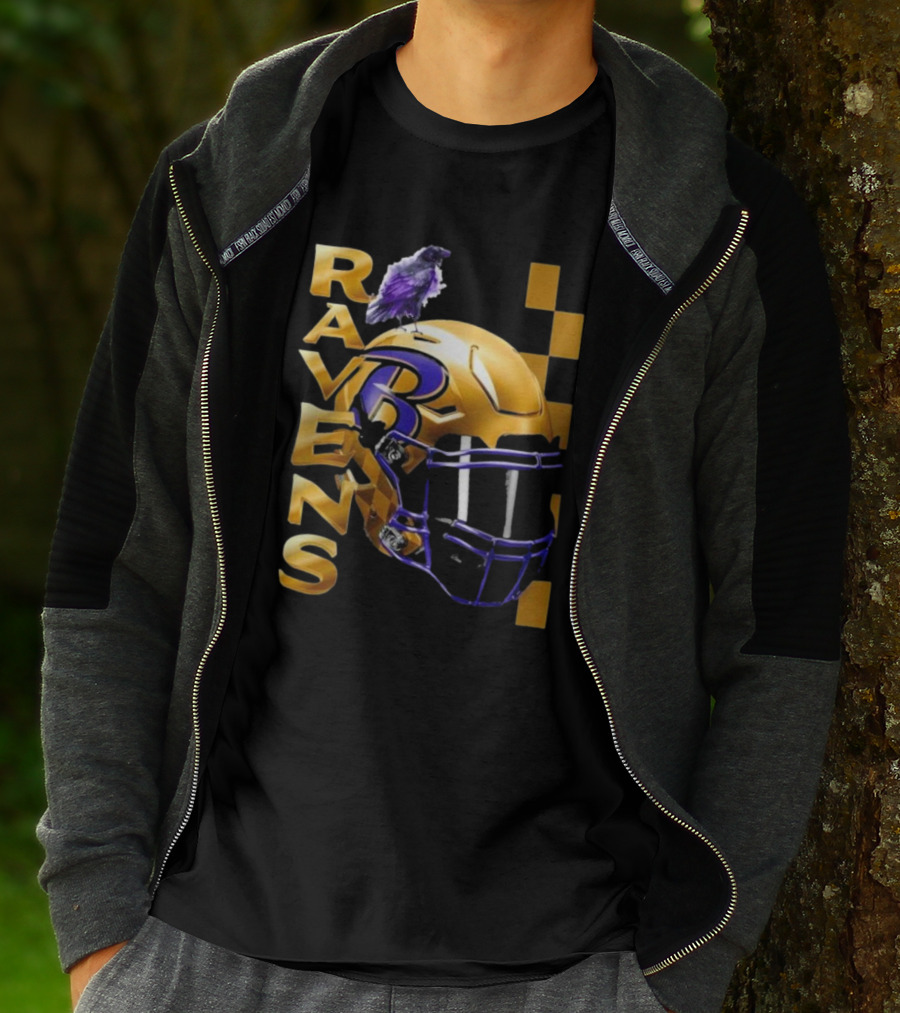 Ravens Gold Helmet With Purple B And Crow T-Shirt