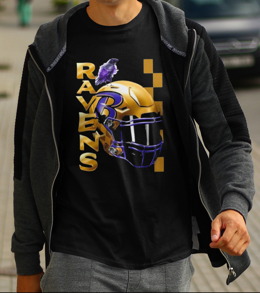 Ravens Gold Helmet With Purple B And Crow T-Shirt