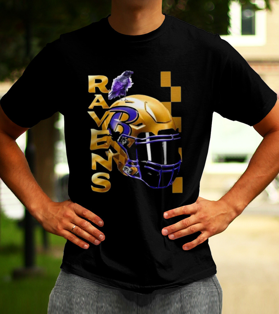Ravens Gold Helmet With Purple B And Crow T-Shirt