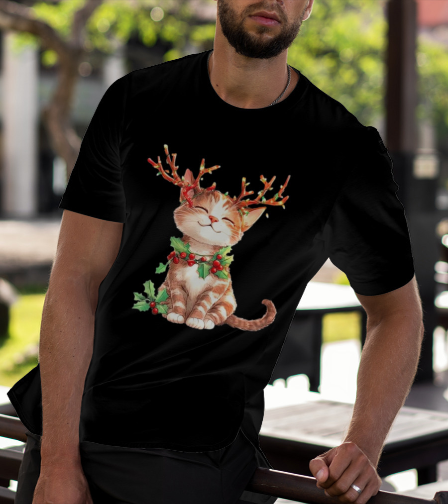 Cute Cat With Reindeer Antlers And Christmas Tree Lights T-Shirt