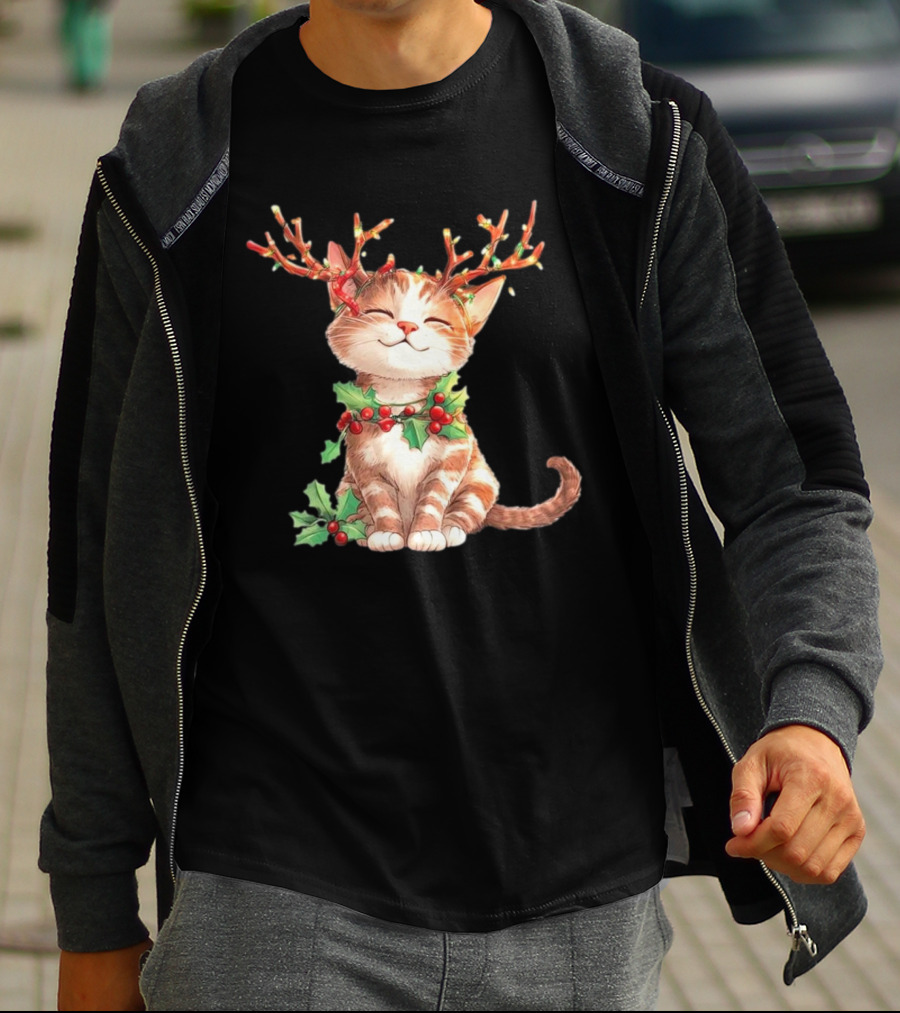 Cute Cat With Reindeer Antlers And Christmas Tree Lights T-Shirt