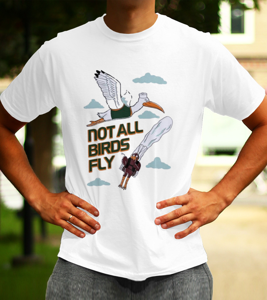 Miami Hurricanes Not All Birds Fly Ibis And Jetpack Seagull Clouds T-Shirt