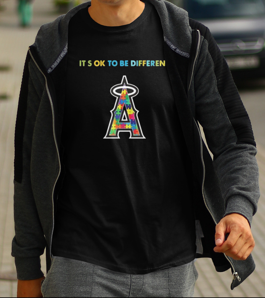 Los Angeles Angels Logo Puzzle Autism Awareness It’s Ok To Be Different T-Shirt