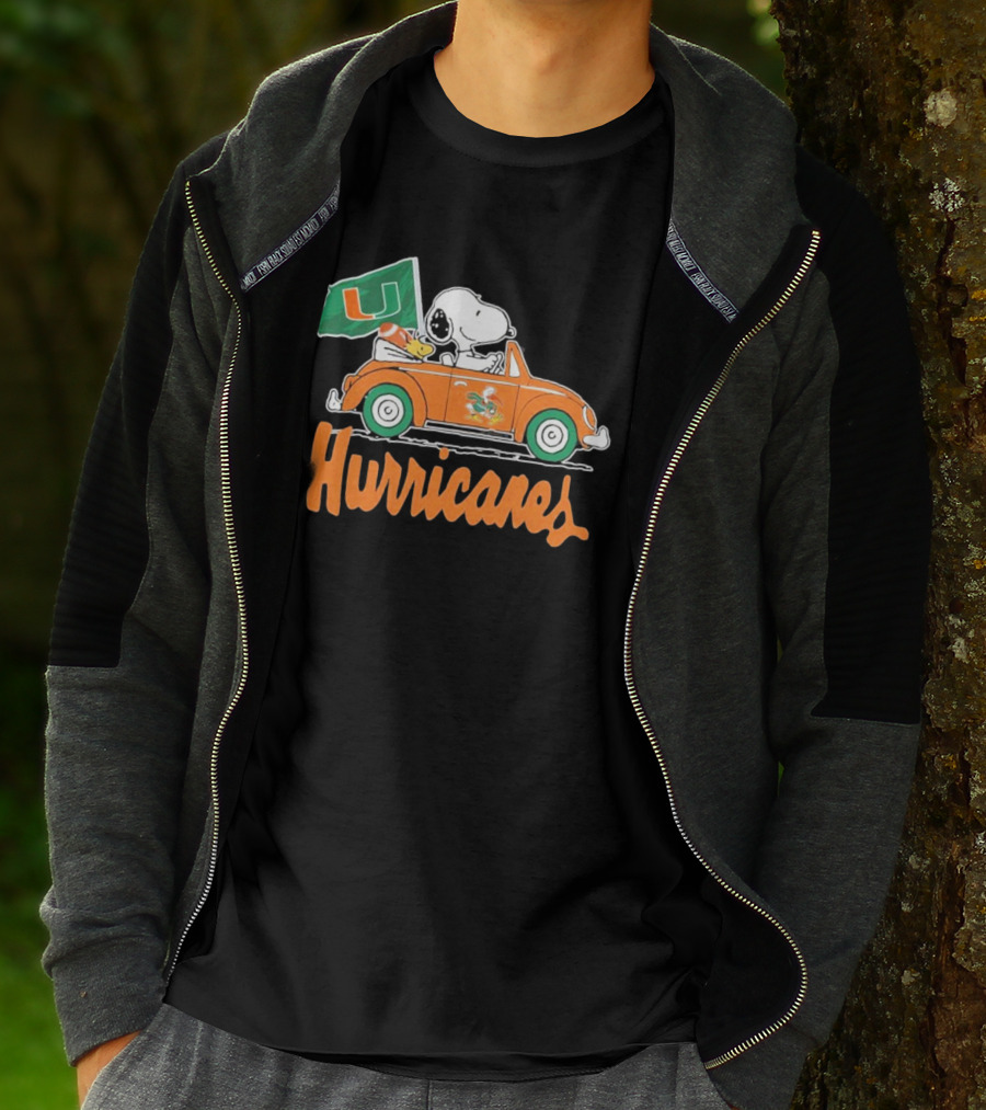 Peanuts Snoopy Woodstock Miami Hurricanes Car Driving With Flag T-Shirt