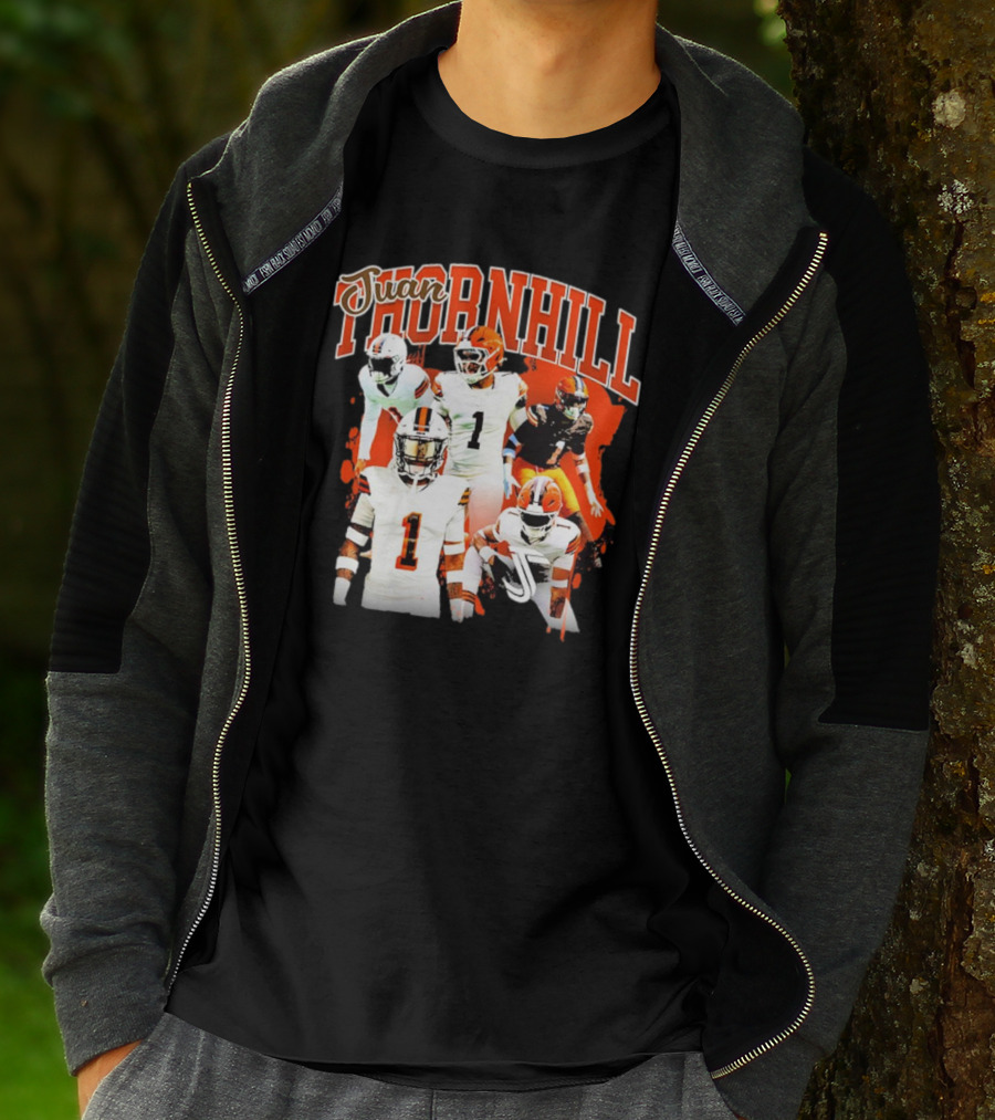 Juan Thornhill Football Player Orange And Black Action Collage T-Shirt