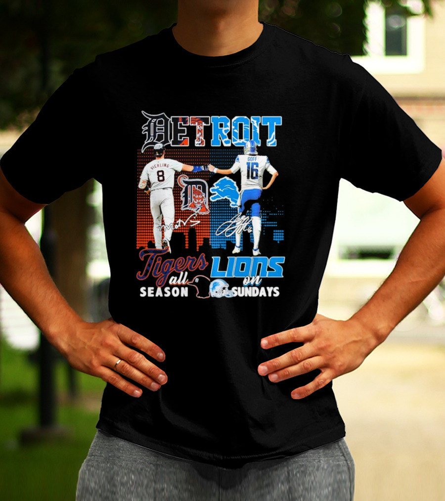 Detroit Tigers All Season X Detroit Lions On Sundays Detroit Tigers Lions Logos Sports Icons Collaboration T-Shirt