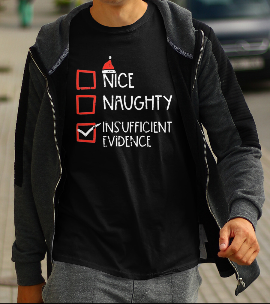 Nice Naughty Insufficient Evidence Christmas Santa Hat Checkmark Boxes T-Shirt