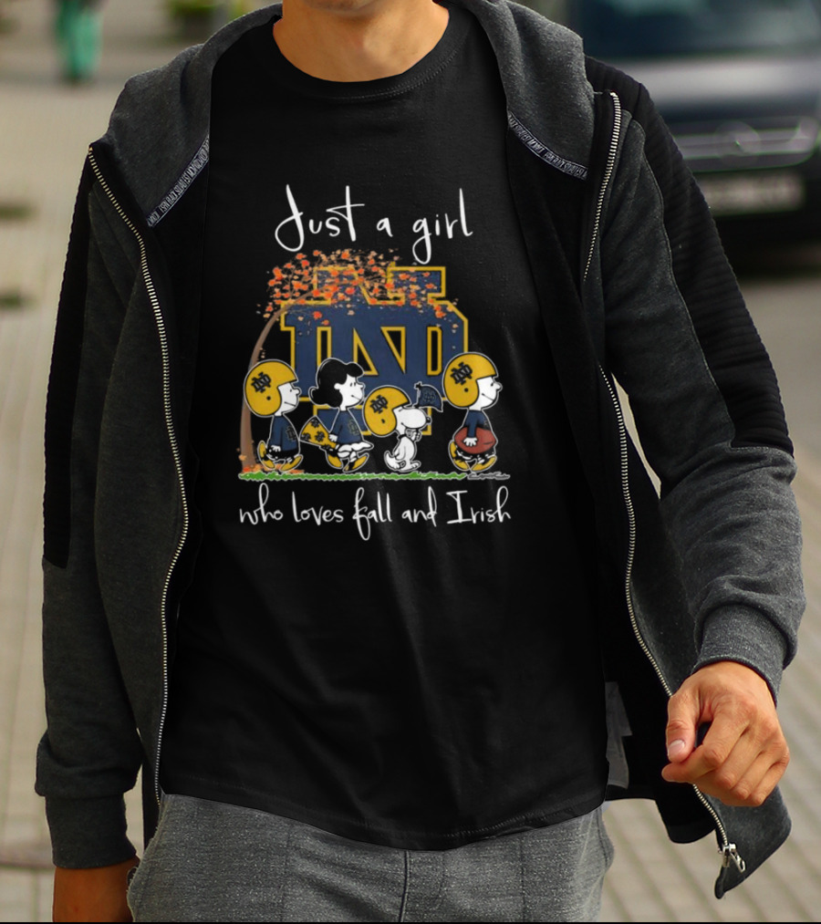 Just A Girl Who Loves Fall And Irish Peanuts Characters Notre Dame Fighting Irish T-Shirt