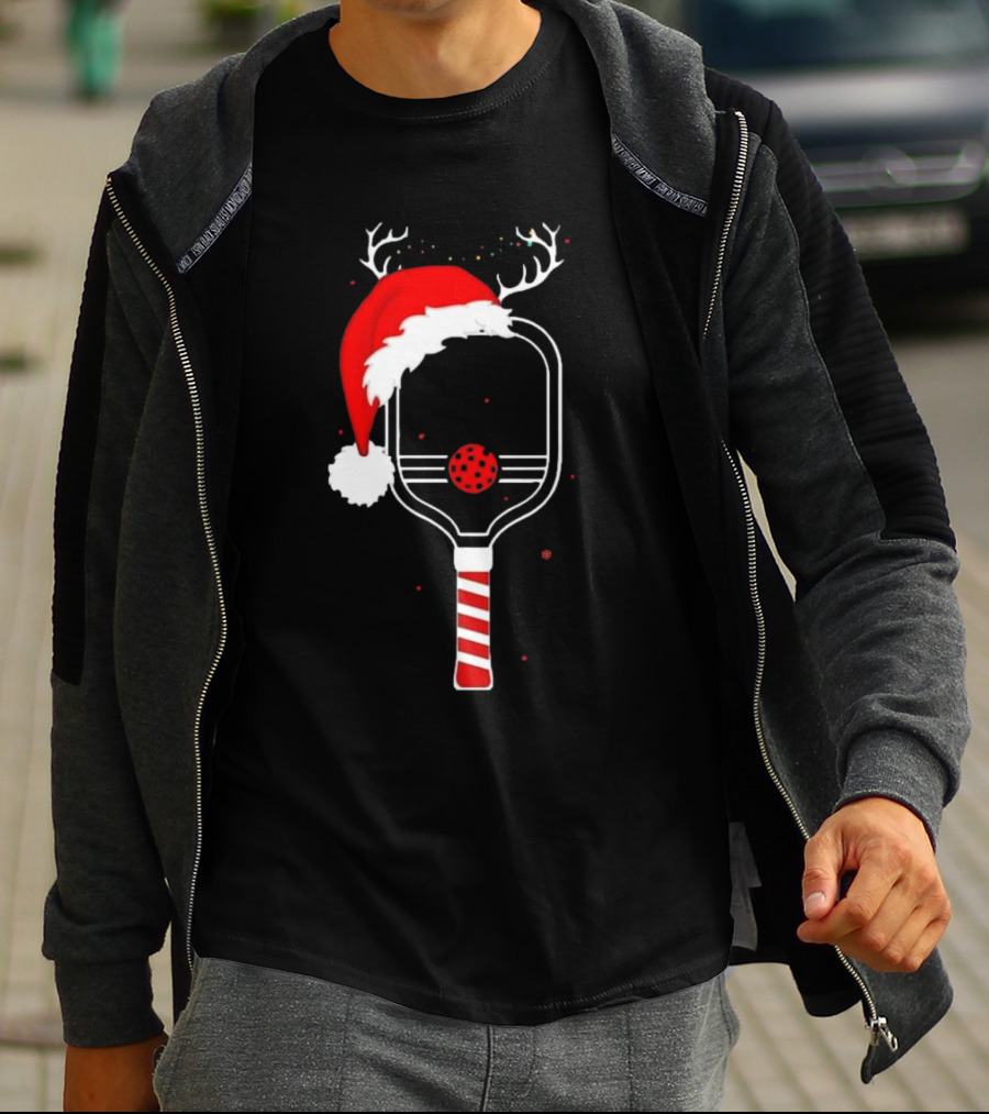 Pickleball Holiday Reindeer Santa Hat Christmas Paddle T-Shirt