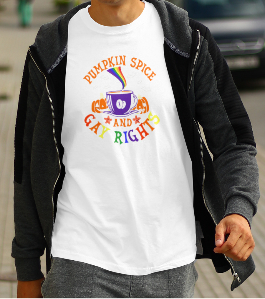 Pumpkin Spice And Gay Rights Rainbow Coffee Cup With Pumpkins And Bats T-Shirt