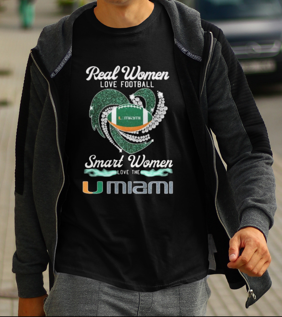 Real Women Love Football Smart Women Love The U Miami Diamond Heart T-Shirt