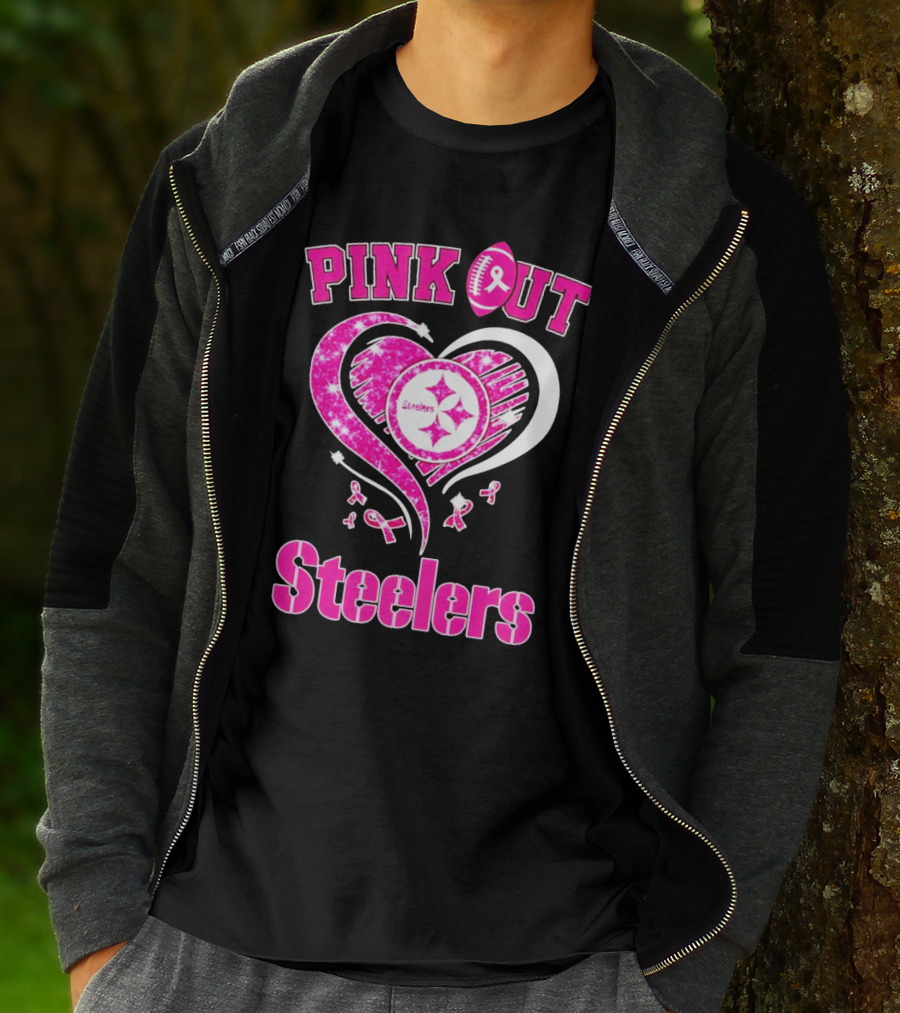 Pink Out Steelers Breast Cancer Heart Diamond T-Shirt