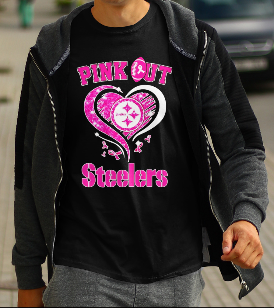 Pink Out Steelers Breast Cancer Heart Diamond T-Shirt