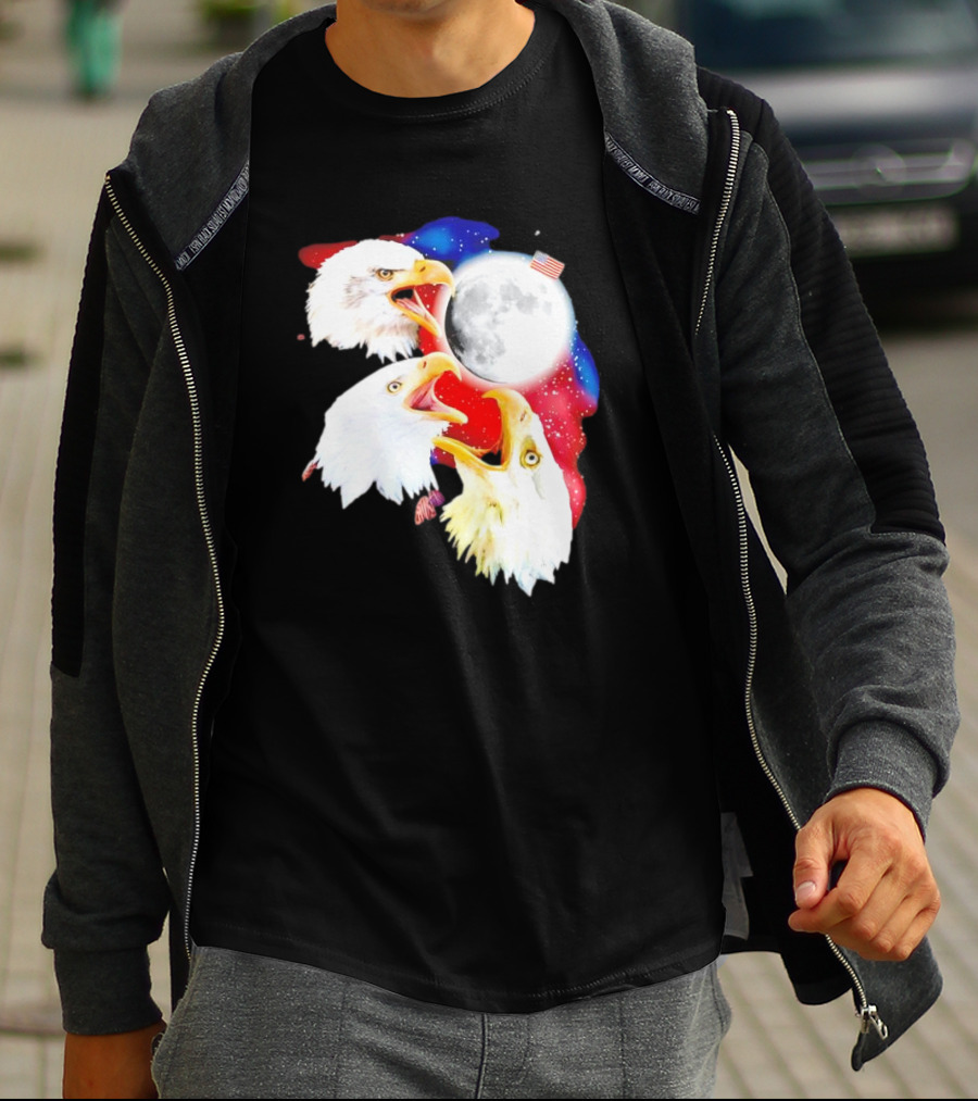 Three Eagles To The Moon American Flag Lunar Trio T-Shirt