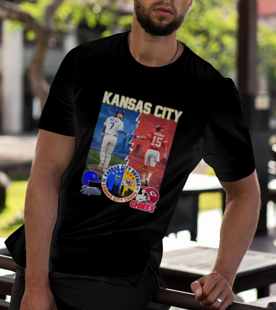 Kansas City Royals Bobby Witt Jr And Chiefs Patrick Mahomes Skyline Logos And Signatures T-Shirt