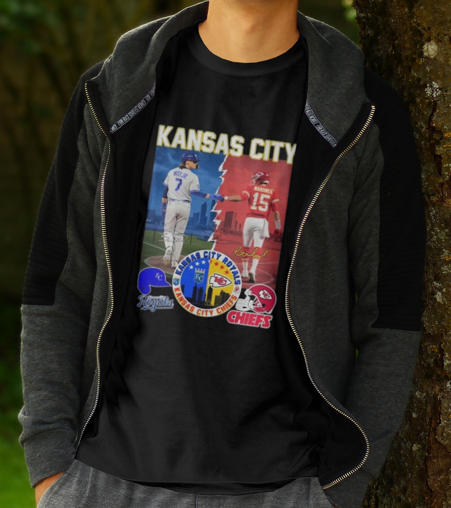 Kansas City Royals Bobby Witt Jr And Chiefs Patrick Mahomes Skyline Logos And Signatures T-Shirt