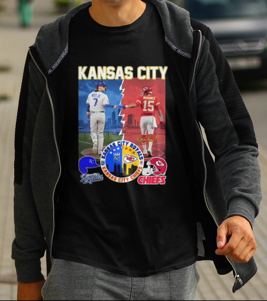 Kansas City Royals Bobby Witt Jr And Chiefs Patrick Mahomes Skyline Logos And Signatures T-Shirt
