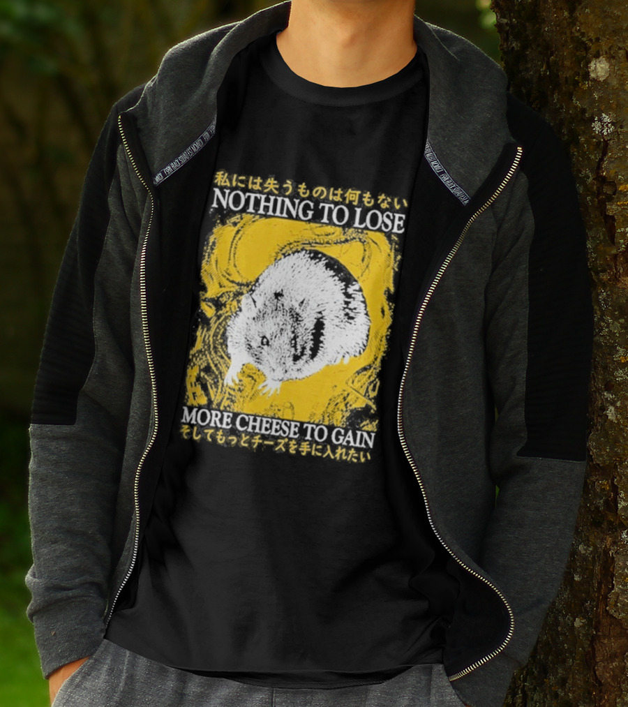 Nothing To Lose More Cheese To Gain Lukathemouse Yellow Background Japanese Text T-Shirt