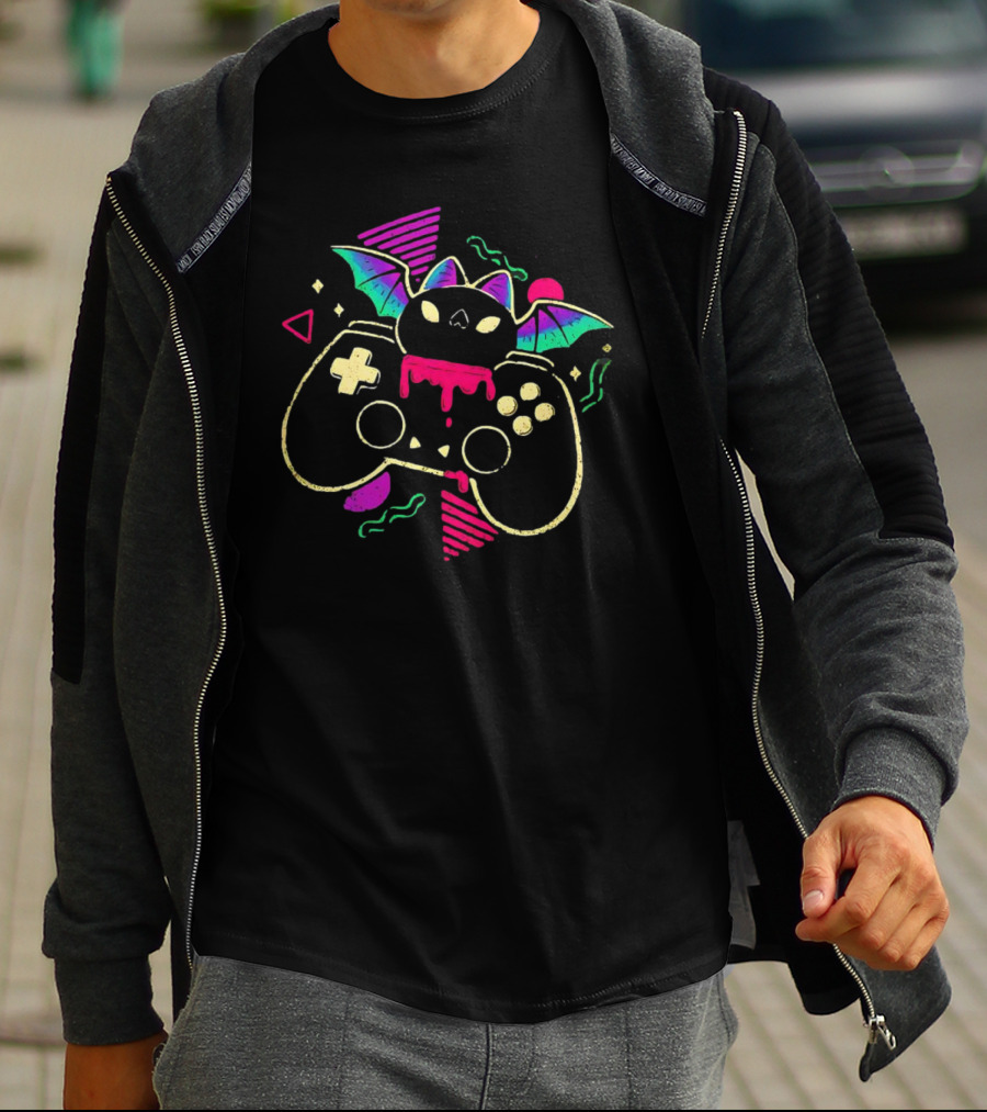 Creepy Cute Gamer Bat With Neon Controller And Dripping Colors T-Shirt