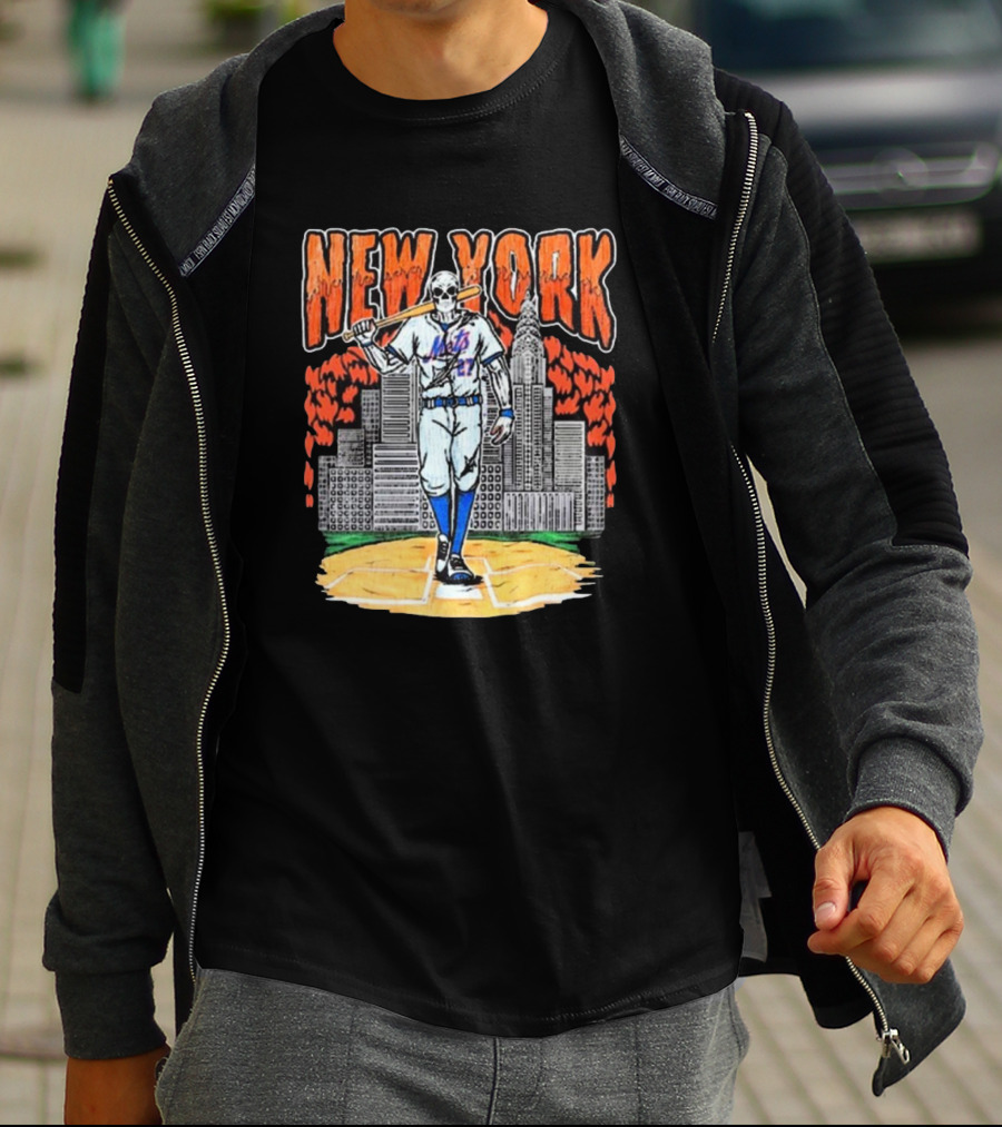 Reed Garrett New York Mets MLB Painting Skeleton Batter City Skyline T-Shirt