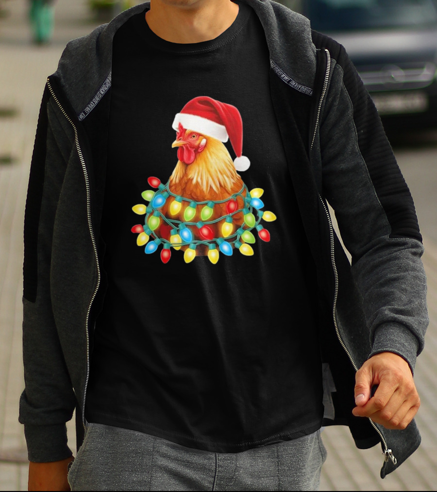 Santa Chicken Christmas Lights Festive Hilarious T-Shirt