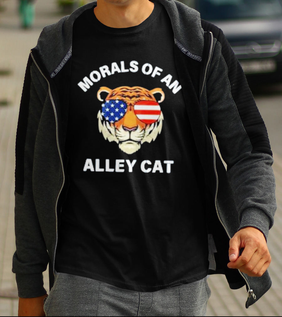 Morals Of An Alley Cat Tiger With American Flag Sunglasses T-Shirt