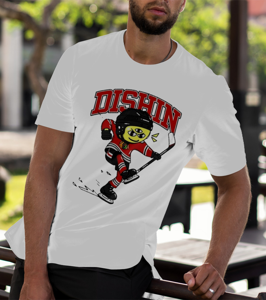 Chicago Blackhawks Just Dishin Hockey Player Cartoon Character Skating T-Shirt