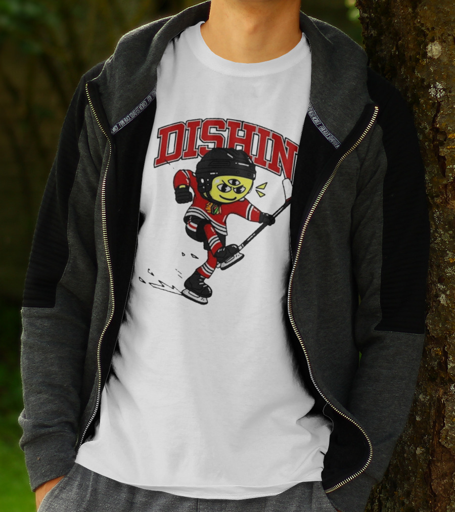 Chicago Blackhawks Just Dishin Hockey Player Cartoon Character Skating T-Shirt