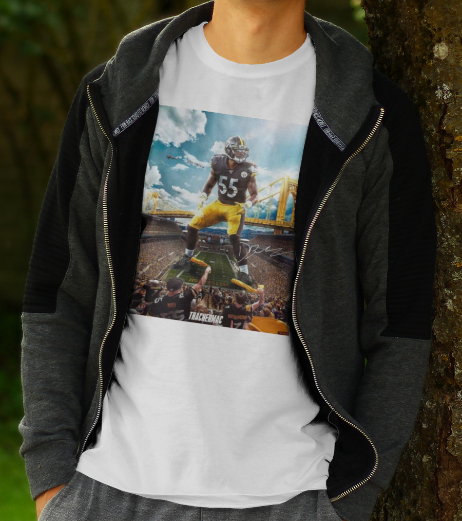 Thachermac Pittsburgh Steelers 55 Player In Stadium With Signature And Bridge Background T-Shirt