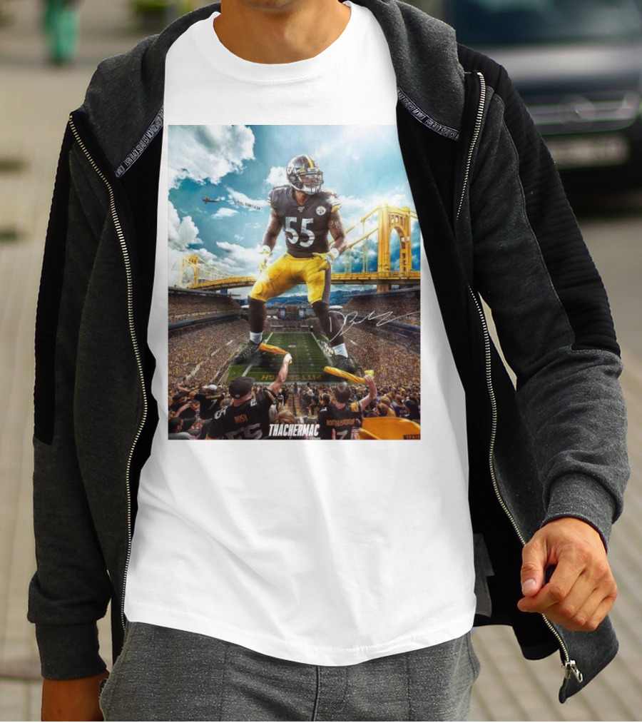 Thachermac Pittsburgh Steelers 55 Player In Stadium With Signature And Bridge Background T-Shirt