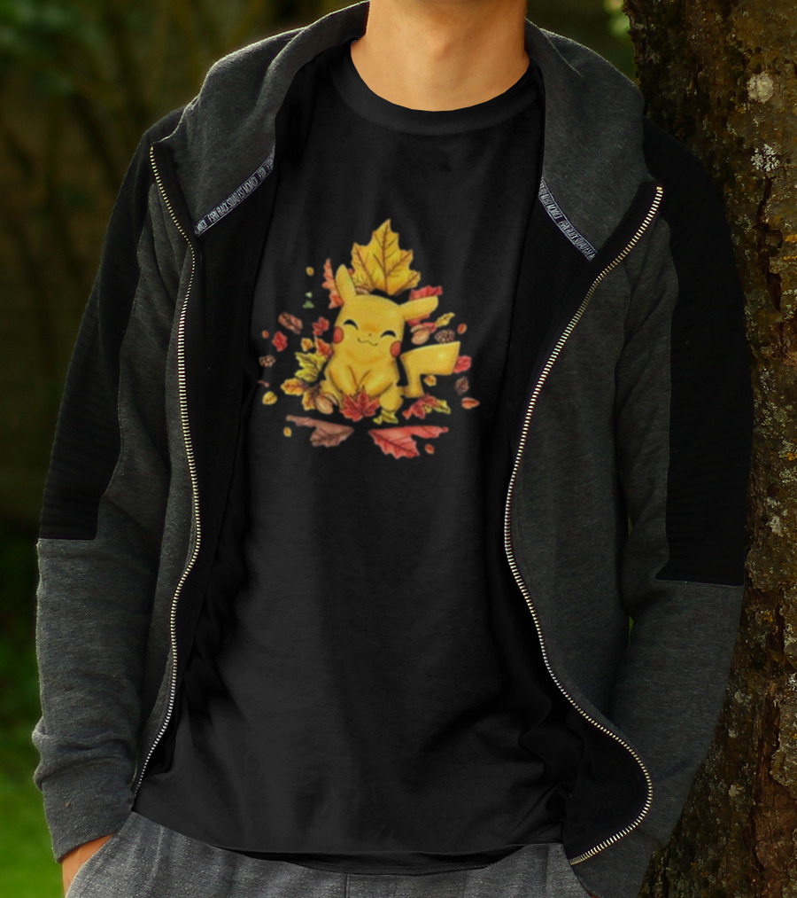 Pikachu Surrounded By Autumn Leaves And Acorns T-Shirt