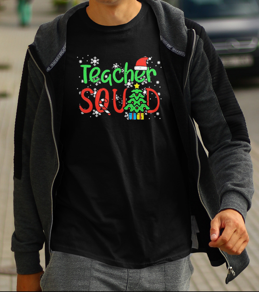 Teacher Squad Christmas Tree Candy Cane Santa Hat Snowflakes T-Shirt