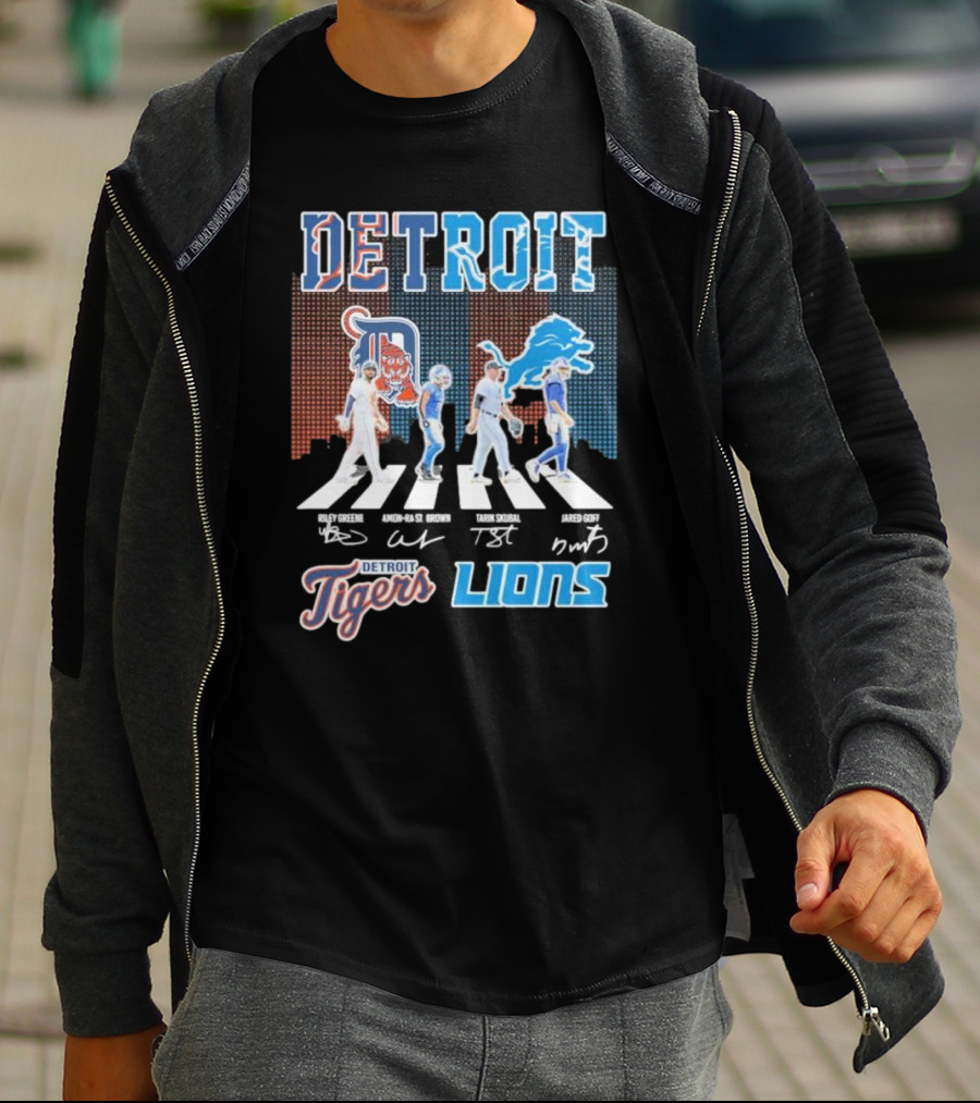 Detroit Lions Detroit Tigers Abbey Road Riley Greene Amon-Ra St. Brown Tarik Skubal Jared Goff Signatures T-Shirt
