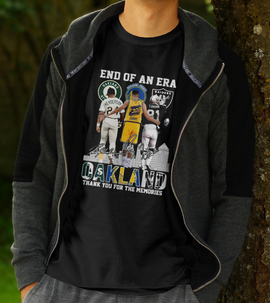 End Of An Era Oakland Henderson Curry Brown Thank You For The Memories Signatures T-Shirt