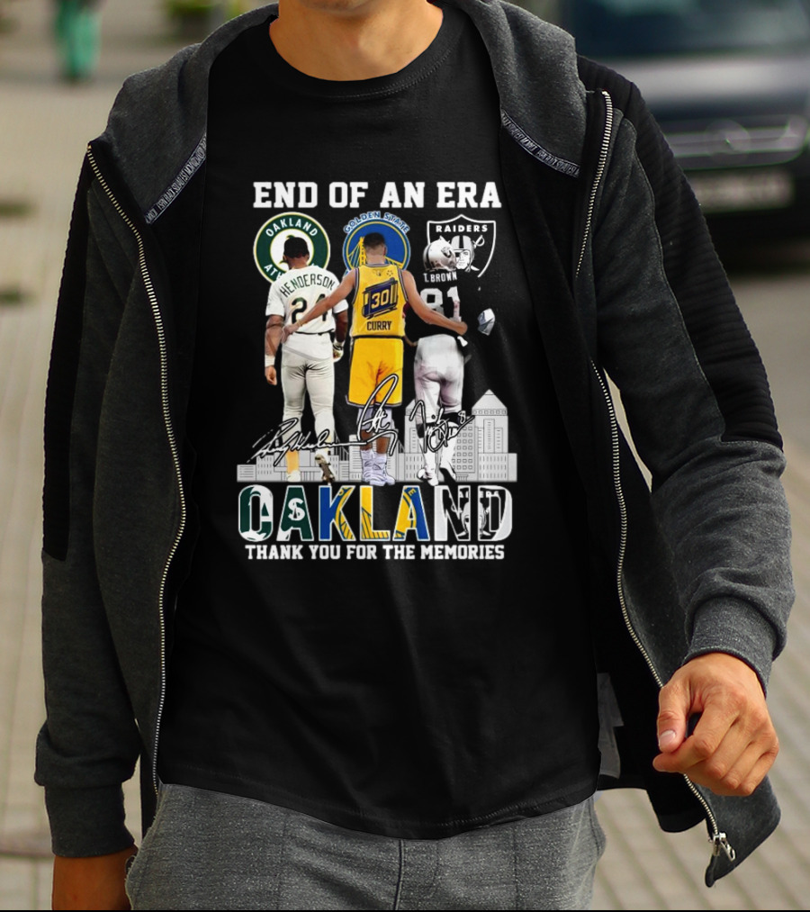 End Of An Era Oakland Henderson Curry Brown Thank You For The Memories Signatures T-Shirt