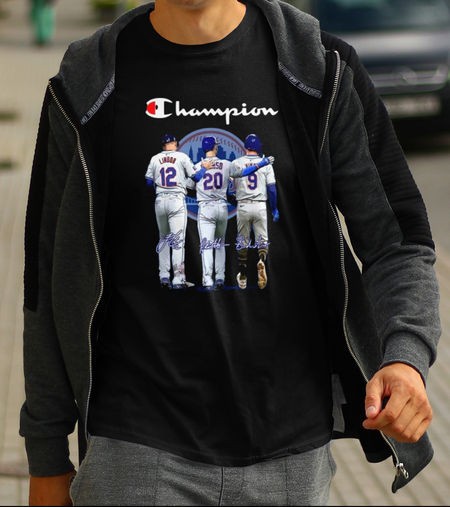 Champion New York Mets Lindor Alonso Nimmo Signatures Behind T-Shirt